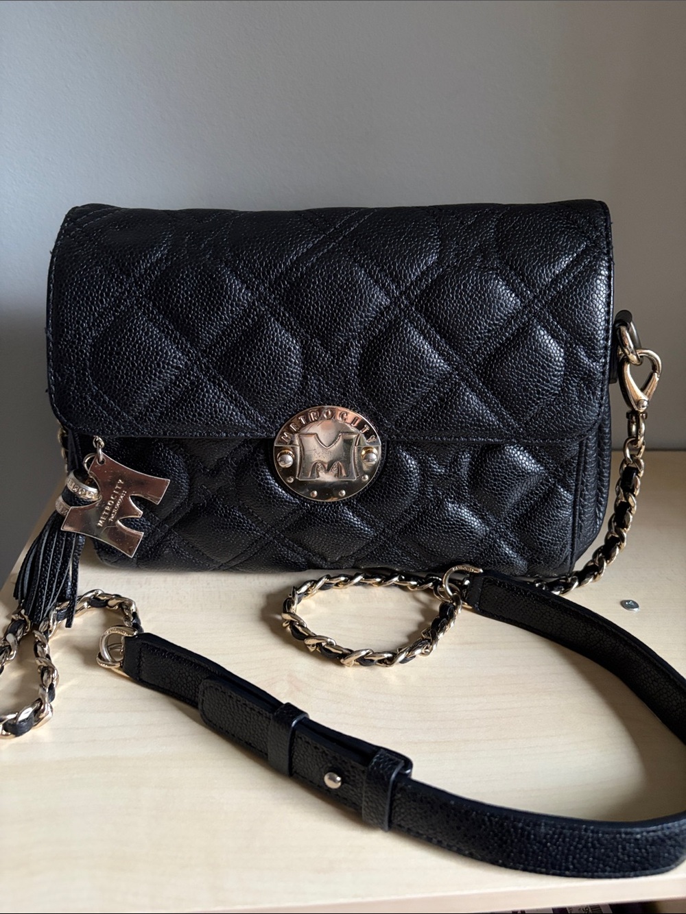 Metrocity Quilted Leather Chain Strap Crossbody Bag with Gold Hardware